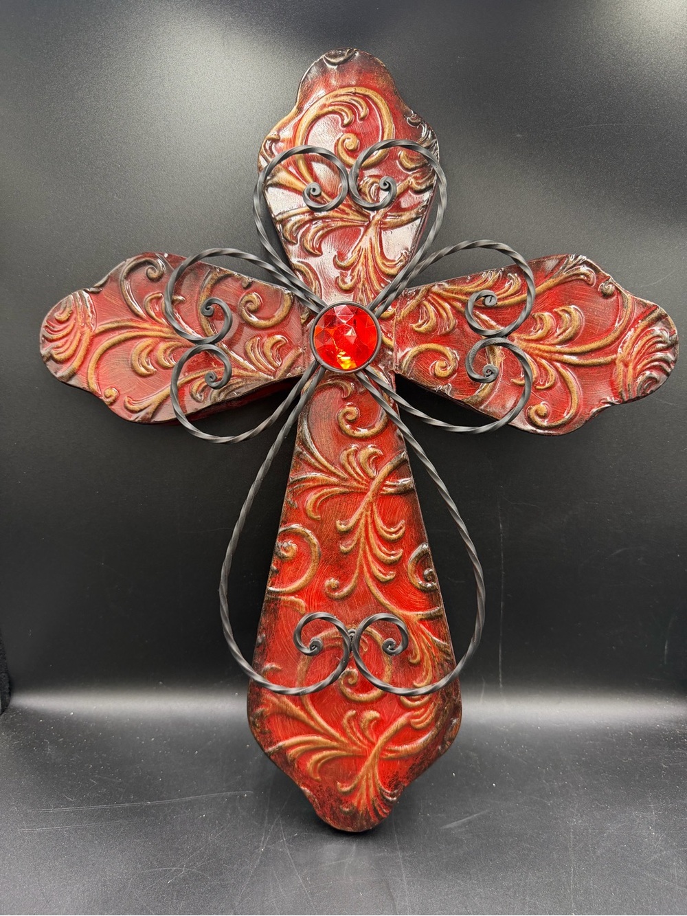 Ornate 20” Red and Gold Decorative Metal Wall Cross